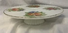 Milk Glass Vintage Cake Stand with Fruit Design Gold Trim 10.25”