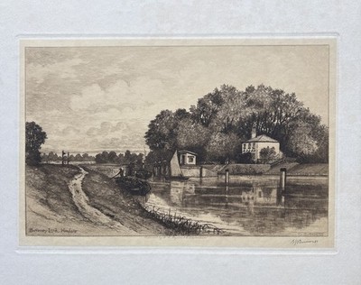 Antikes Boveney Schloss, Windsor signiert Radierung Landschaft Fluss Edward John Burrow