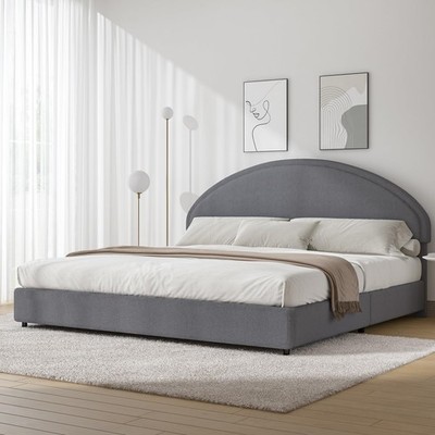 King Size Upholstered Boucle Platform Bed with Headboard Grey Easy Assembly