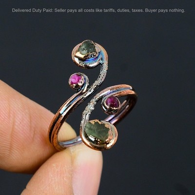 Multi Tourmaline Rough Stone Copper Electroformed Mother Stackable Ring Jewelry