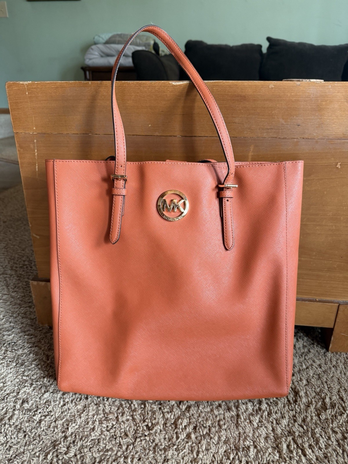 Michael Kors Orange Tote Bag Logo Accent Gold Hardware Shoulder Strap
