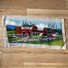 Vtg Lrg Completed Crewel Embroidery Farm Scene Red Barn StoneWall Unframed 25x13