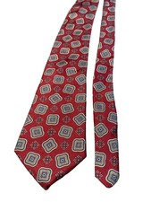 John Henry Mens Silk Tie Red Geometric Pattern Made in USA Necktie