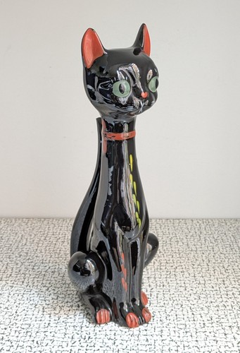 50s 60s Vintage Retro Kitsch Long Neck Black Cat Figure Ornament Hand Painted - Picture 3 of 17