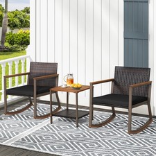 3PCS Patio Rattan Rocking Chair Bistro Set Cushion Table W/Storage Shelf