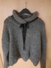 selbstgestricktes Kurzjäckchen, 40/42 , Alpaca Silk, braun+kl. schwarze Schleife