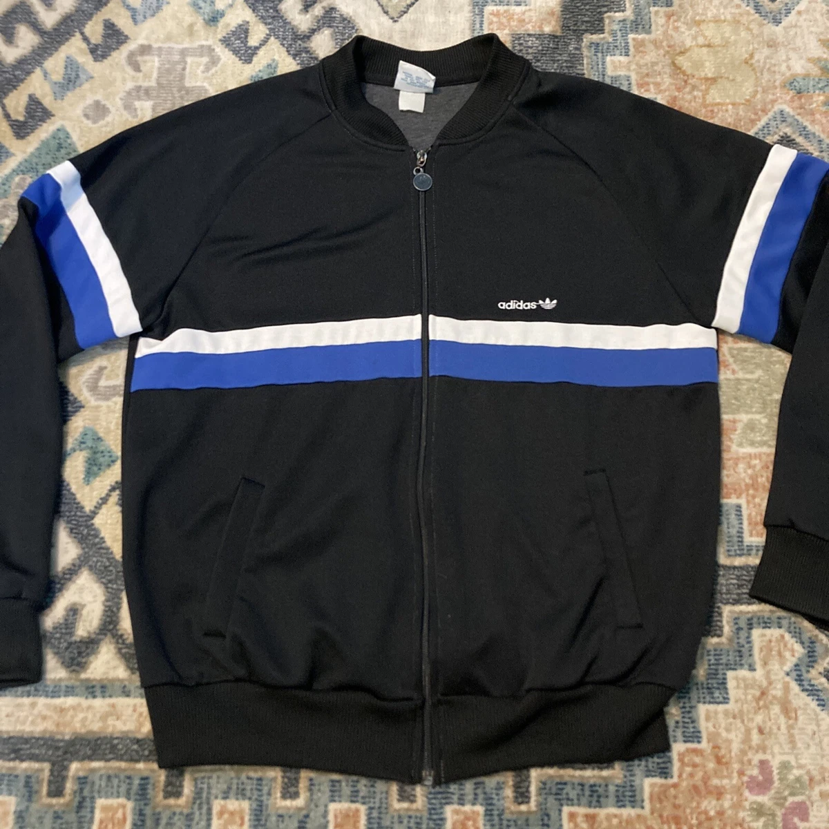 Vintage 70s 80s Adidas Track Jacket Black Blue Trefoil Full Zip Mens XL  Striped