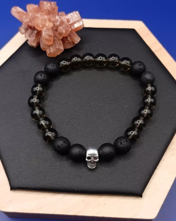Bracelet de luxe en quartz fumé véritable et perles de lave naturelles T18/8