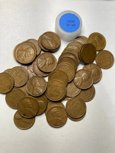 1936 (P) LINCOLN WHEAT CENT PENNY ROLL, HIGH GRADE, 50 COINS, ALL COINS VF-XF