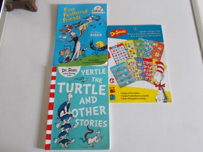 3 Dr. Seuss PB Books -Yertle, Fine Feathered Friends, Alphabet Sticker Book Lot