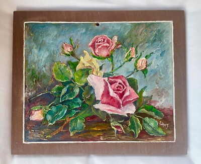 Wanddeko auf Platte aus Sandstein der Vogesen handbemalt Motiv Rosen