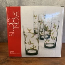 NIB SET 4 STUDIO NOVA HIGH BALL Holly Berry Green 5.75" GLASSES