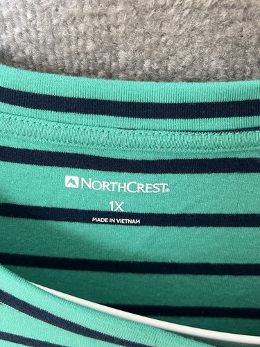Northcrest Top Womens Size 1X Green Blue Striped Stretch 3/4 Sleeve - Picture 3 of 7