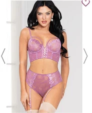 Seven ‘Till midnight Lingerie Set Underwire Bustier Hot Pink Lace Garter Straps 