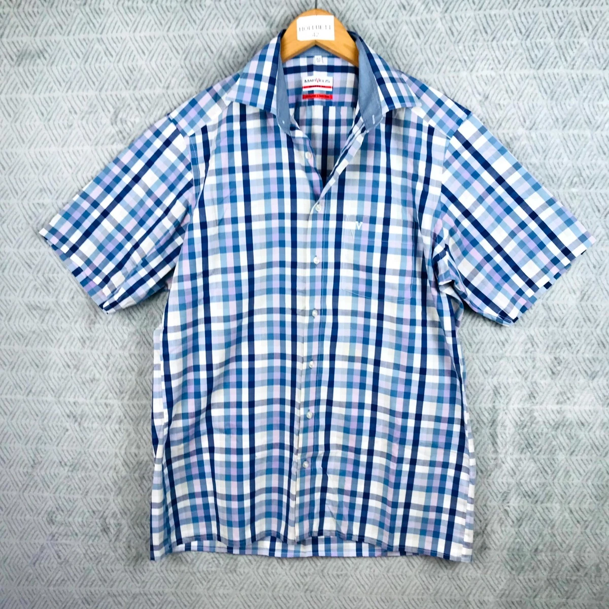 Chemise Homme CHAPS à Carreaux Bleu, Blanc, Noir - Taille M, Manches Courtes, Occasion Très Bon état