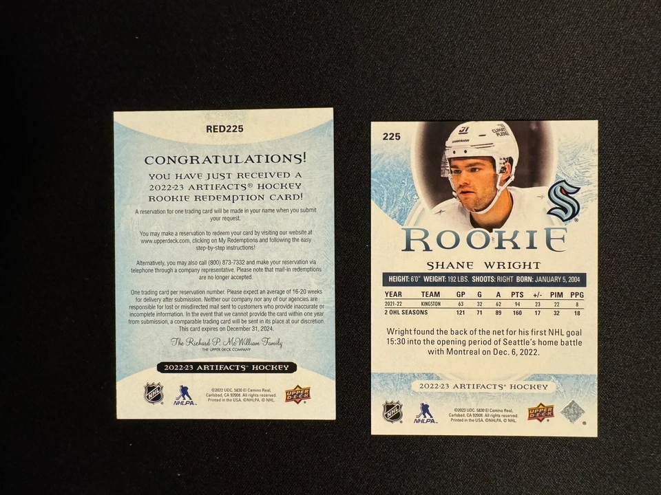 2022-23 UD Artifacts Shane Wright #225 Rookie Redemption 24/99 Emerald - Image 2 of 2