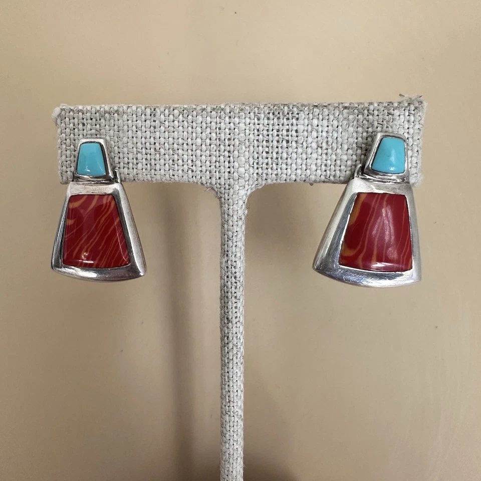 Pendientes De Colección 1" Imitación Rojo Naranja Mármol Turquesa Boho Plata de Ley 925 7.3g Foto 3 de 4