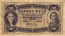 05 Norway / Norwegen P8c 10 Kroner 1940 Prefix AE