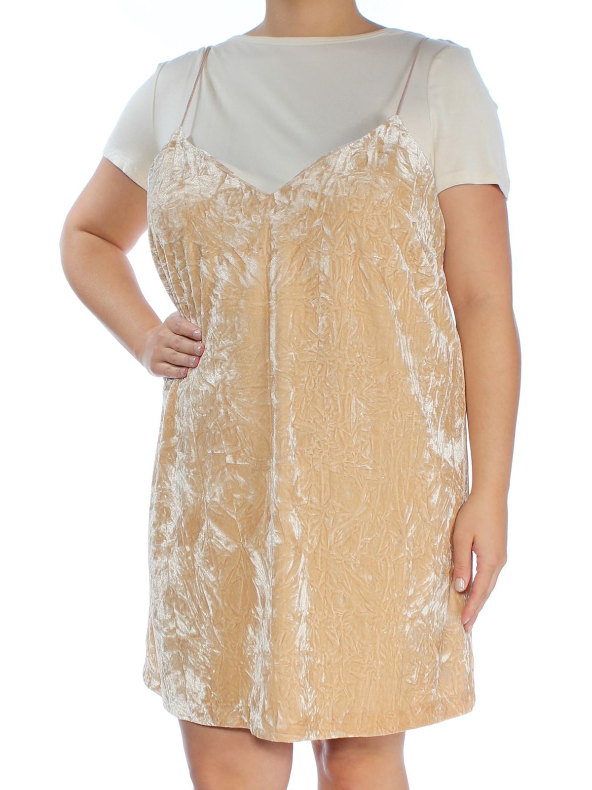 Женское бежевое платье-сорочка KENSIE на тонких бретельках с V-образным вырезом выше колена XL