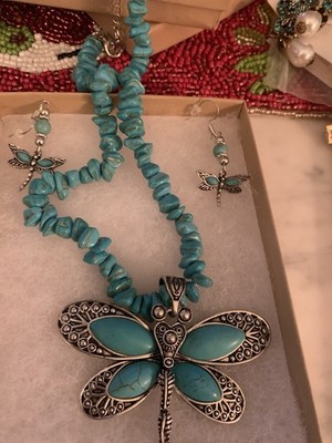 Bohemian Turquoise Like Earrings With Silver Accents With The Dragonfly Pendant