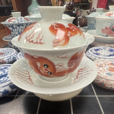 Hand Painted Gaiwan Tea Cup Lion Design Rose Kungfu Tea Bowl Lid 