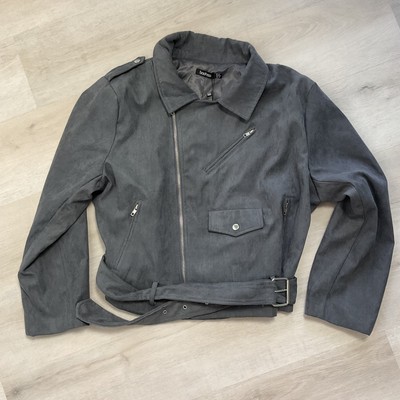 BooHoo Izzy Belted Suedette Biker Jacket Grey Womens 22 NWT 