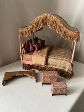 Dollhouse Miniature "Artisan" Handmade Dressed Canopy Bed, Valance & (2) Trunks