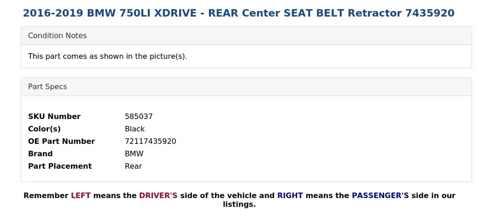 BMW 750LI XDRIVE 2016-2019 - retractor de cinturón de seguridad central trasero 7435920 Foto 4 de 4