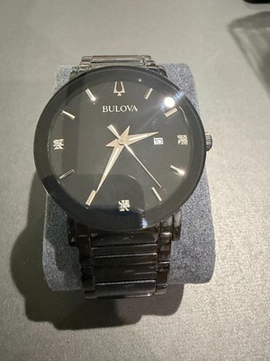 Bulova Mens Watch Black PVD Diamond Accents Date Stainless Steel Bracelet