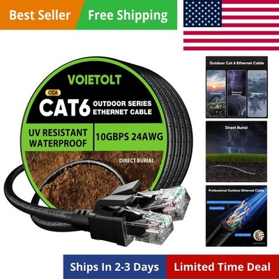 Cat 6 Outdoor Ethernet Cable 100 ft, 24AWG 10Gbps Cable Cord Waterproof Direc...