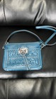 Teal Turquoise Blue Green Vegan Leather Chaps Crossbody Bag Clutch Embellished