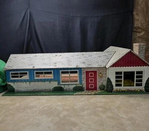 Vintage Marx Tin Large Suburban Ranch Style Dollhouse House - All Tabs Attached!