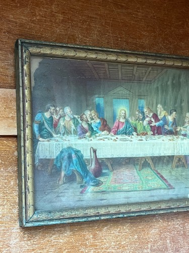 Vintage Small Last Supper Religious Print in Gilt Painted Wood Frame Under Glass - Picture 2 of 12