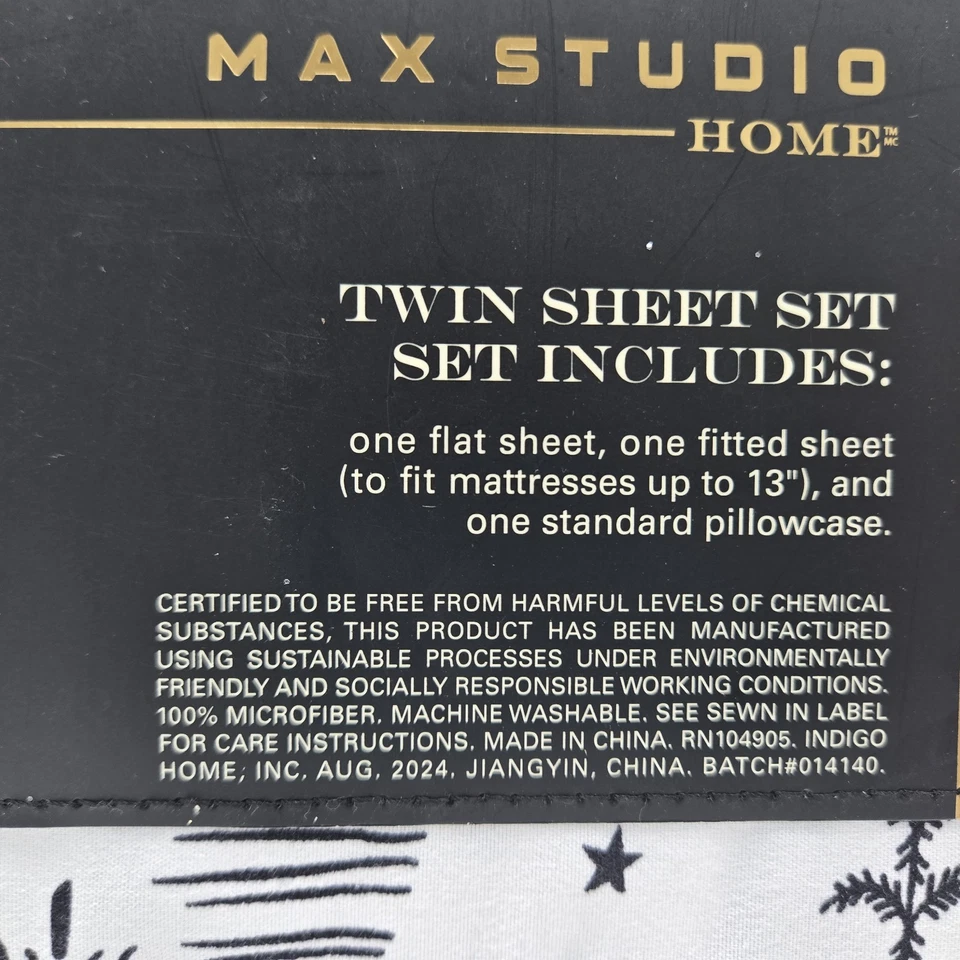 Max Studio Twin Sheet Microfiber White With Black Christmas Trees & Stars New - Image 3 of 4