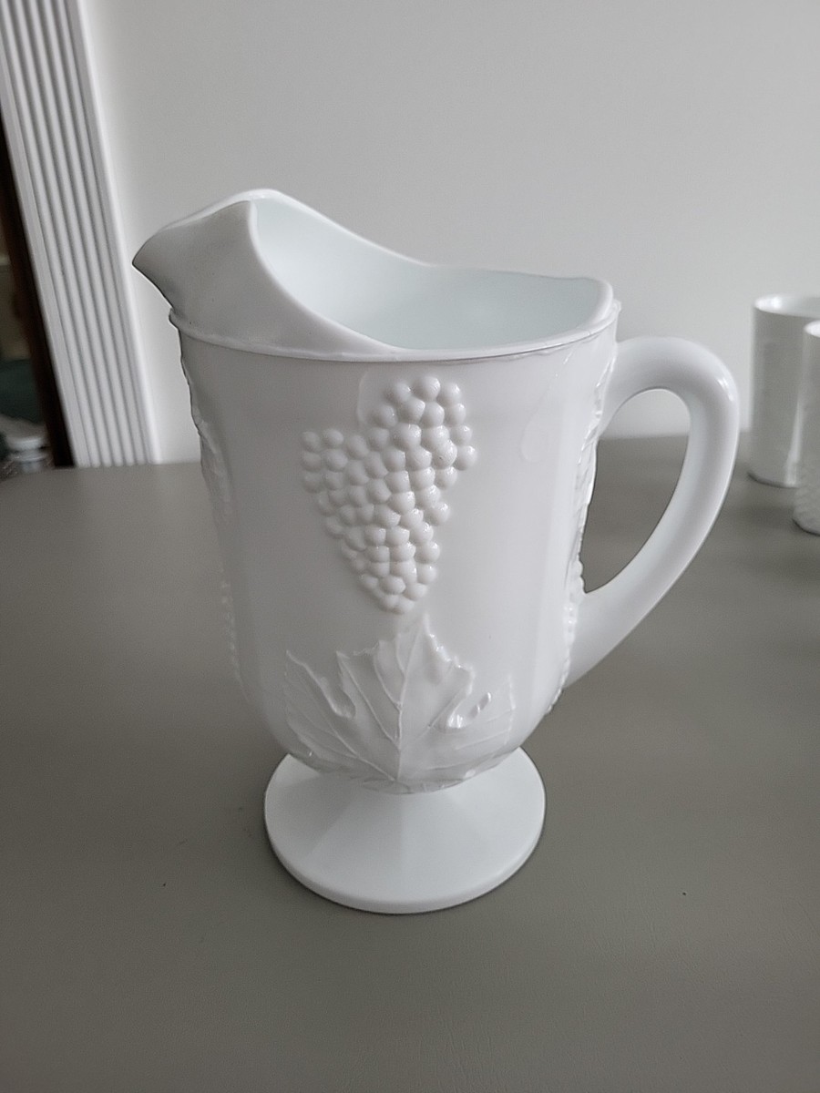 Indiana Glass White Milk Glass Harvest Colony Grapes Pitcher And 8