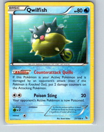 Qwilfish 21/106 Rare Flashfire Pokemon Near Mint