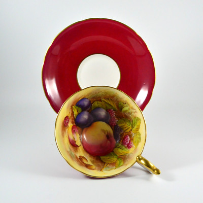 Aynsley Burgundy Orchard Fruit Footed Teacup & Saucer Athens Shape England