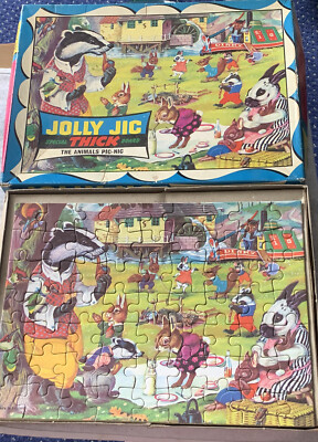 Vintage Jolly Jig Papppuzzle. ''Die Tiere Picknick'' 63 Teile 9,5  X 7 . Sehr guter Zustand.