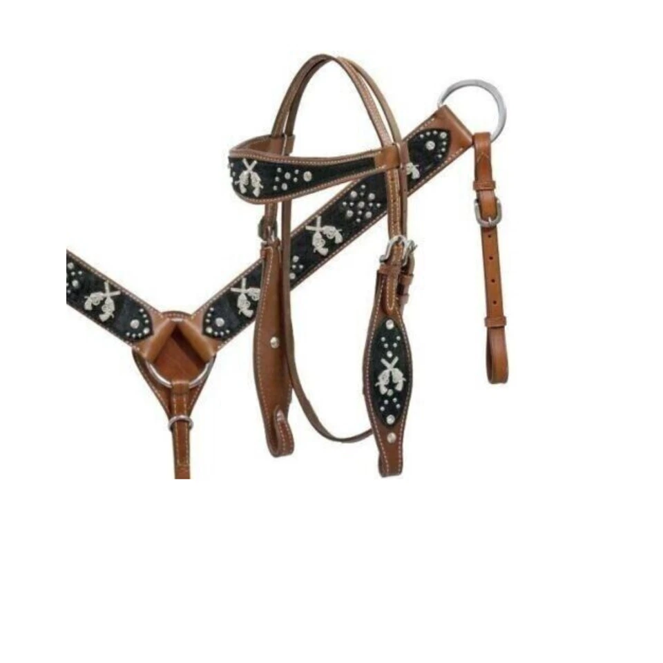 Western Leather Horse Beautiful Headstall and Breast Collar Tack Set Full Size - Image 2 of 4