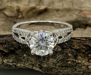 Authentic 1.25 Ct Round Moissanite Art Deco Trinity Engagement Ring 14K White Gold Plated