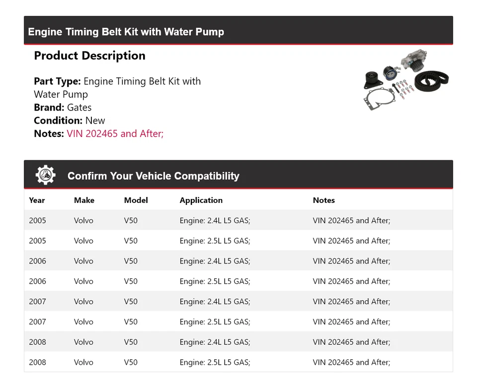 For 2005-2008 Volvo V50 Engine Timing Belt Kit with Water Pump Gates 2006 2007 - Image 2 of 3