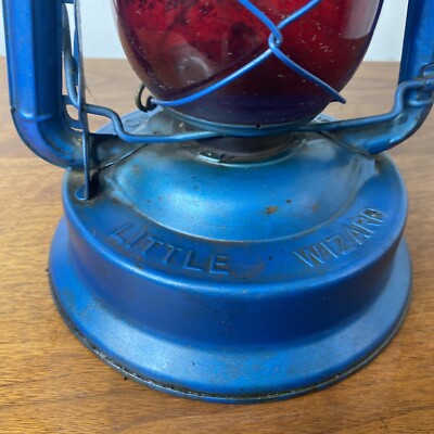 Vintage Dietz Blue Little Wizard Kerosene Lantern Red Glass Globe