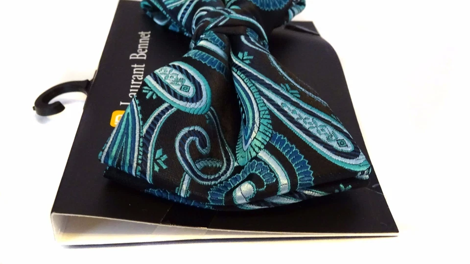 MENS BOW TIE PAISLEY BLACK AND BLUE GREEN  PRE-TIED BOW WITH CLIP  - Image 2 of 2