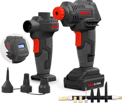 ROWI Set Akku Kompressor + Luftpumpe aufladbar LCD Display 14Tlg. Adapter Set