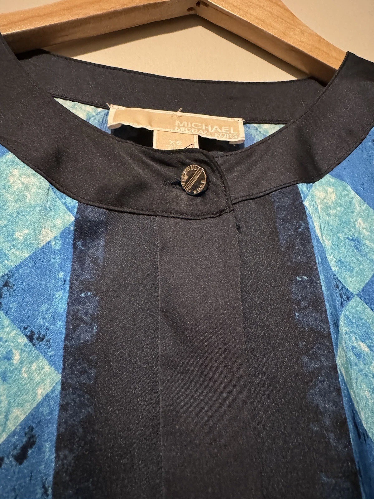 Abito Camicia Michael Kors Blu Manica Lunga Mosaico Pannello Bottoni Cambio Anteriore Tg XS