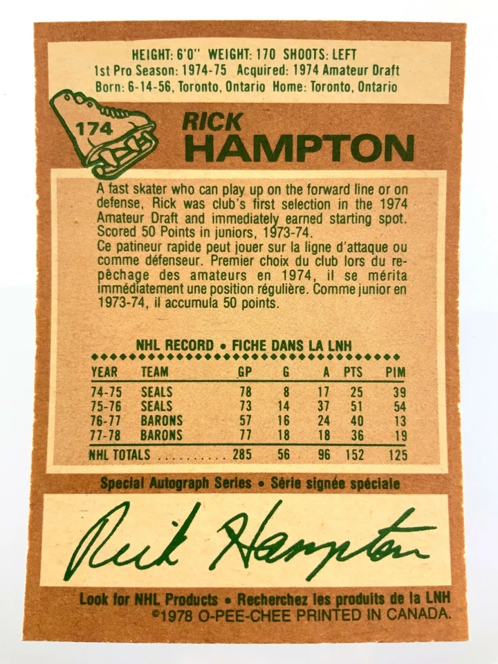 1978-79 Rick Hampton 174 OPC Los Angeles Kings O-Pee-Chee Hockey Card 0164M - Image 2 of 4