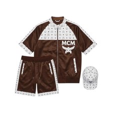 MCM Men s All White Leather Short Sleeve Track Suit Set Zip Up Top Shorts cap