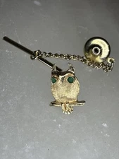 14K Solid Gold Owl Tie Tack Lapel Pin 8.8x15.5MM 1.4g Green Crystal