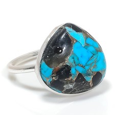 Copper Blue Turquoise 925 Solid Sterling Silver Jewelry Ring Size Adj. e761