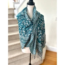 Teal Blue Green Greek Key & Animal Print Fringe Hem Pashmina Wrap Shawl Scarf
